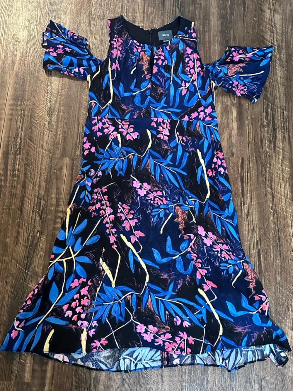 MaeveantrophologieBlack Cold-Shoulder Mini Dress with Blue and Pink Floral Print - Picture 2 of 7